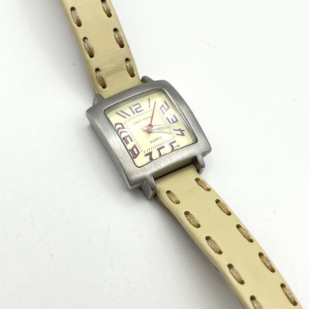 TOKYObay Square Face Watch Cream Leather Whipstitch Strap Stainless Steel Quartz